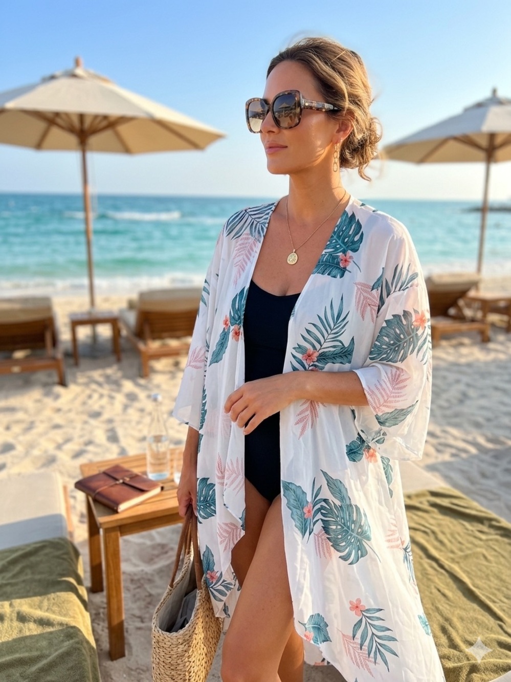 LuLaRoe Resort-wear Vacation Tropical Palm Leaf Sheer Kimono Swim Cover-Up